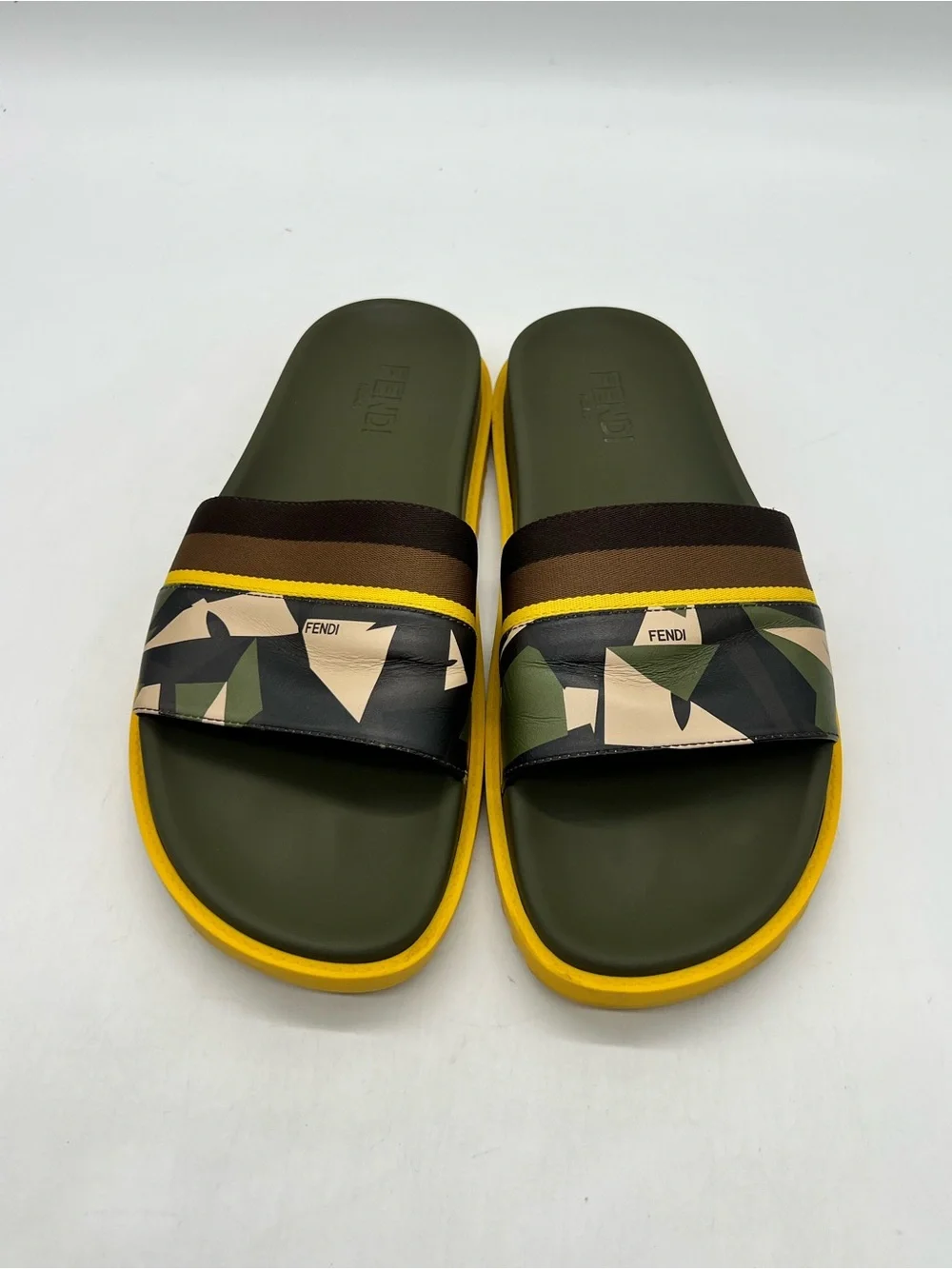 FENDI Yellow Green Camo Leather Men’s Size 11 flip flops Fashion Sandals Shoes